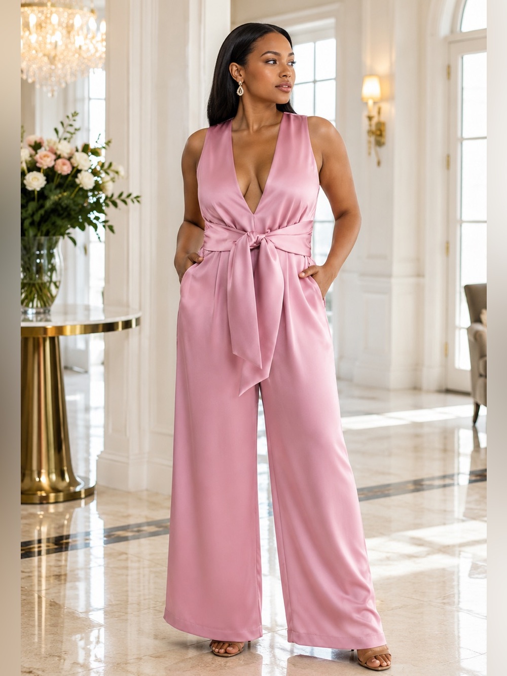 NWT Express Pink Satin Wide Leg Jumpsuit XL Tie Waist V-Neck Wedding Guest Party